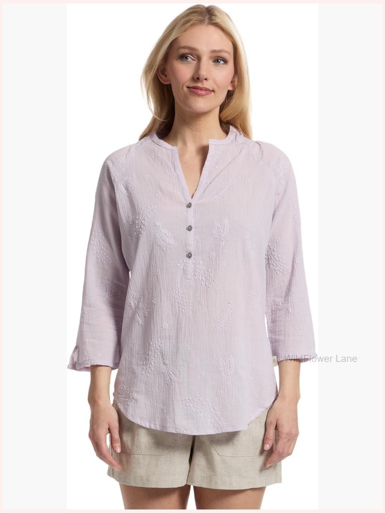 Classic Tunic Curved Hem 3/4 Sleeve Cotton Button-Down Active Shirt